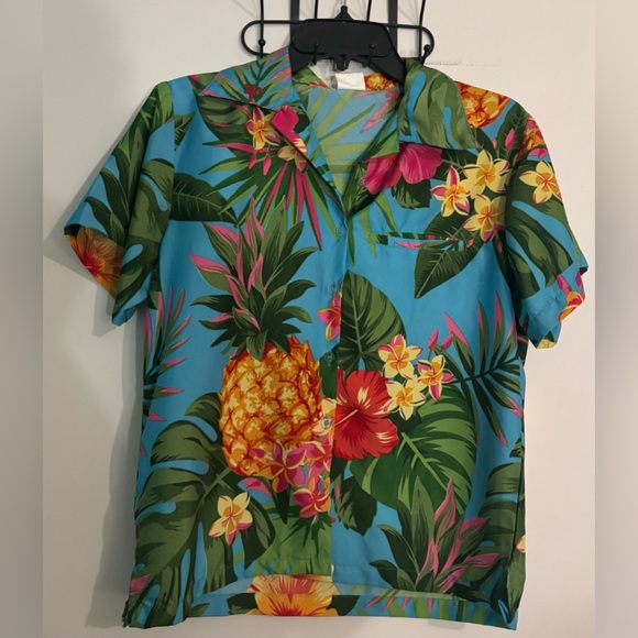 King Kameha Womens Small Hawaiian Button Down Shirt Pineapple Floral Aqua Yellow - Picture 1 of 8